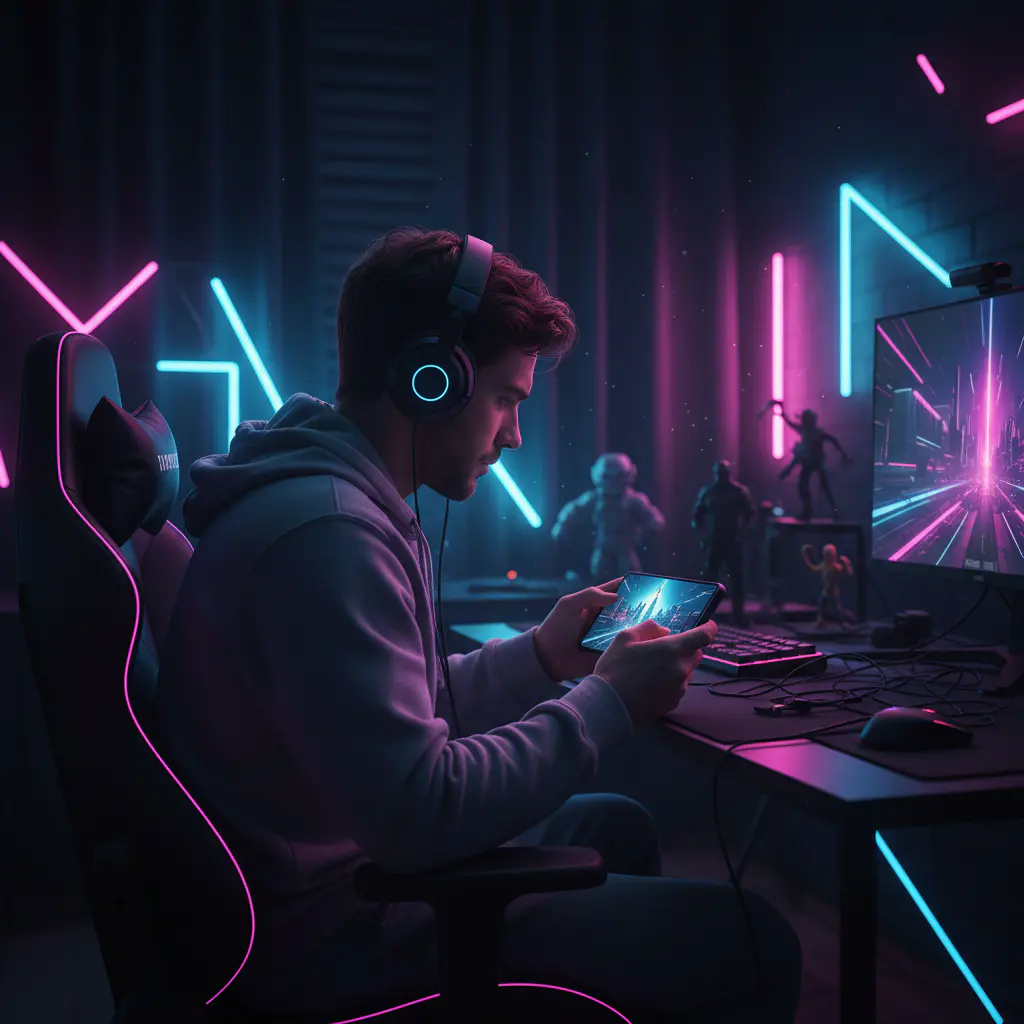 Gamer jugando en móvil con luces neón